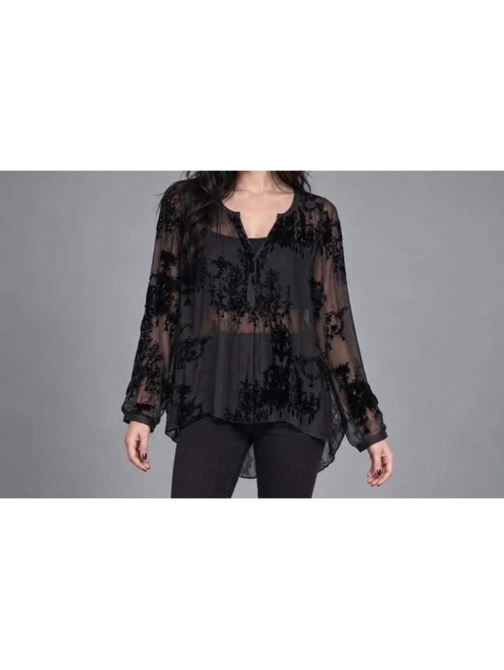Hale Bob Sheer Black Velvet Flocked Blouse Medium Gothic Witchy High Low